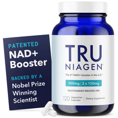 TRU Niagen bottle front view on a clean surface showing NAD+ support for cellular energy.