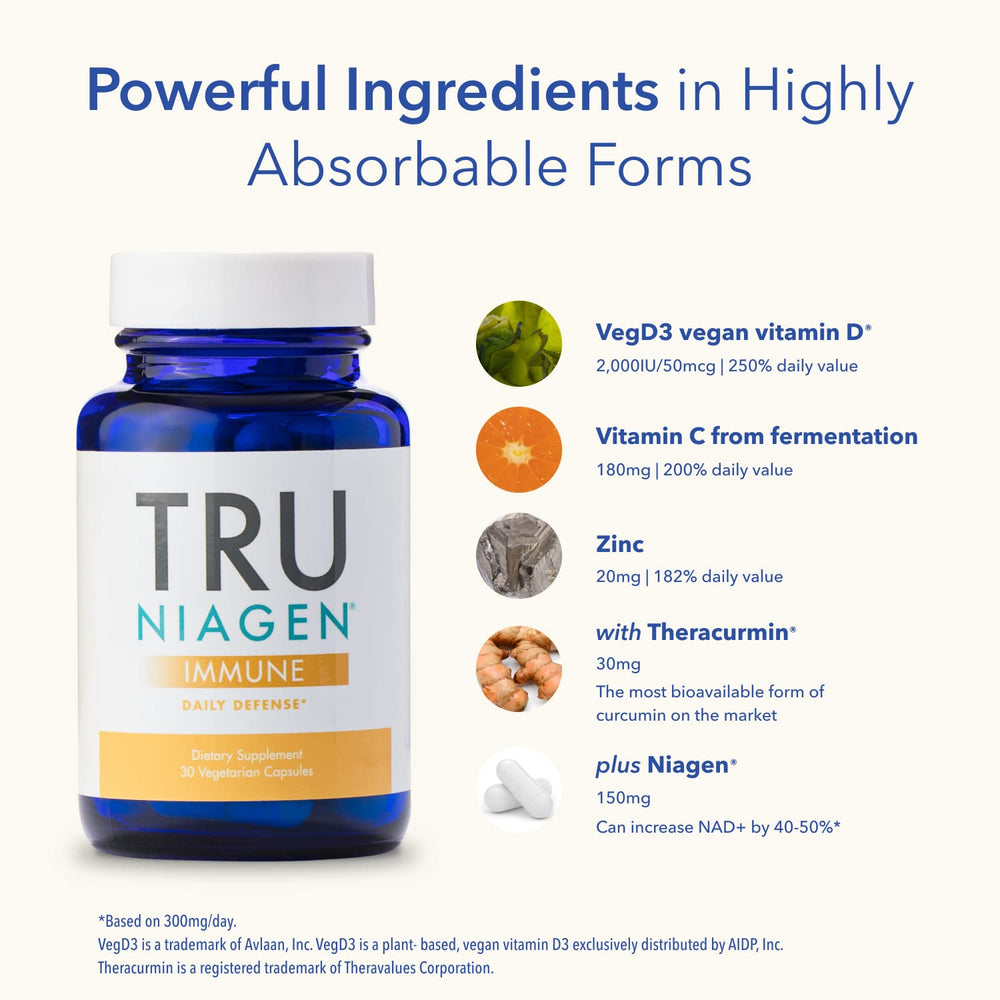 TRU NIAGEN Immune bottle back label with ingredients and directions