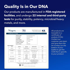 Detail of TRU Niagen label focusing on Niagen NR and 60 servings.