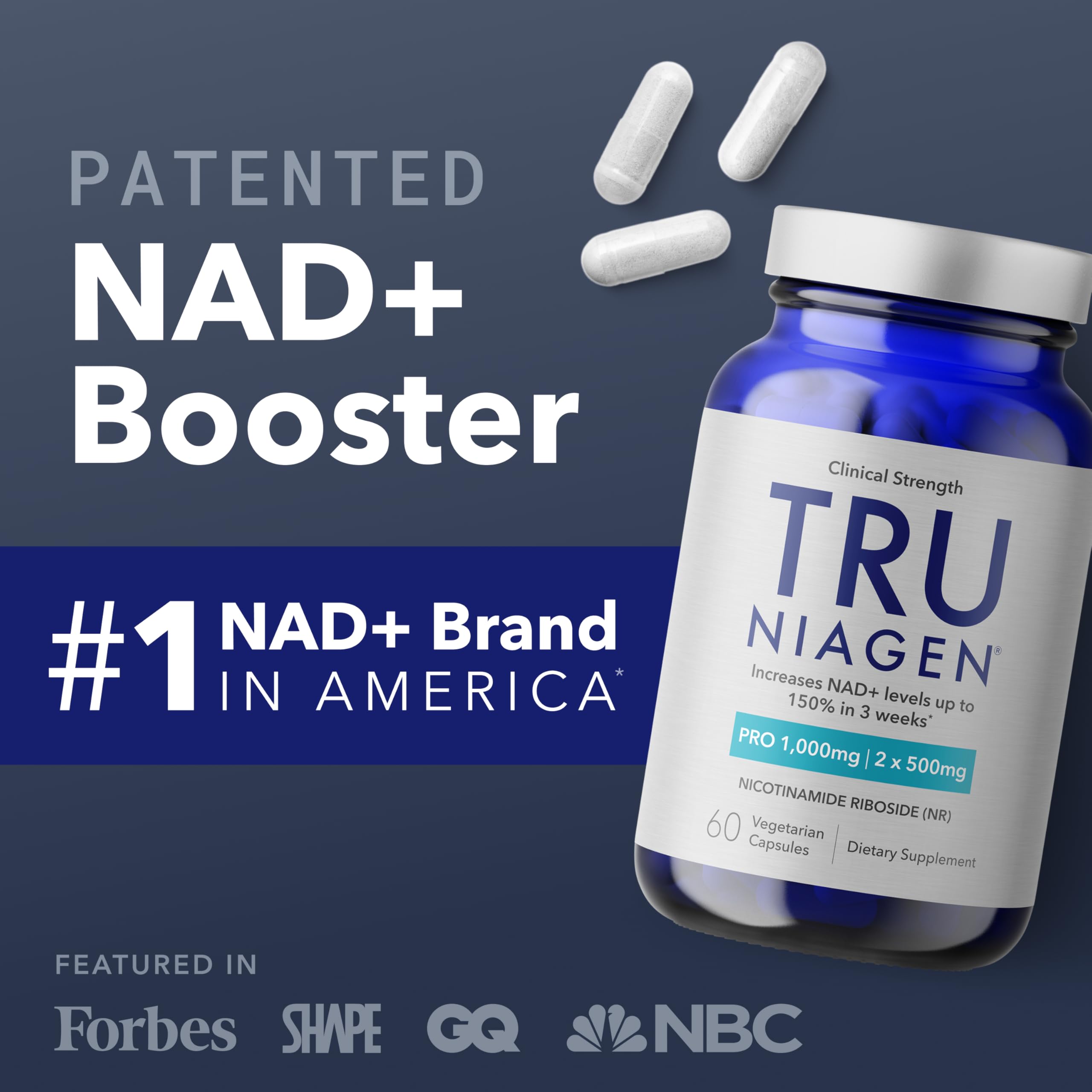 TRU NIAGEN PRO serving dosage closeup suggests 500 mg capsules per serving