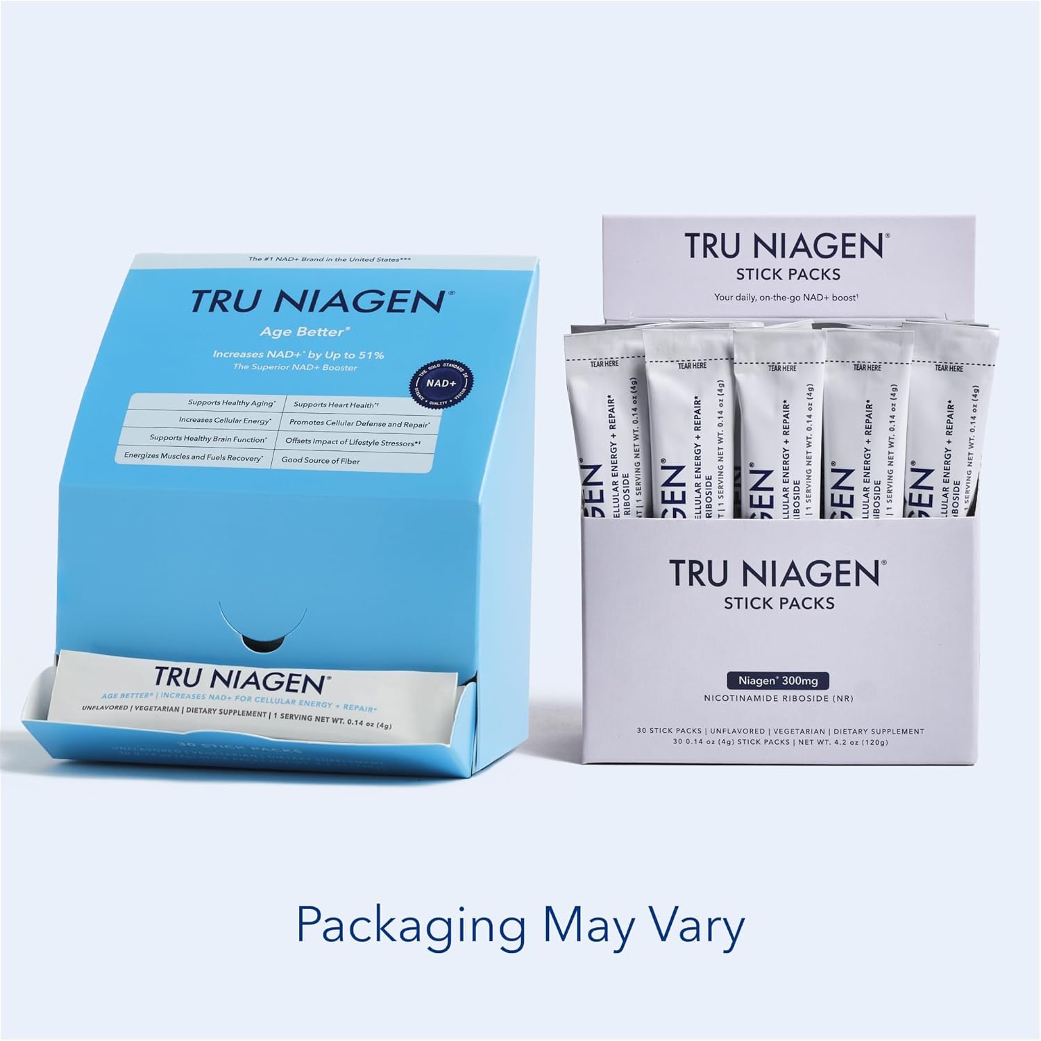 TRU NIAGEN stick pack in hand for on-the-go hydration.
