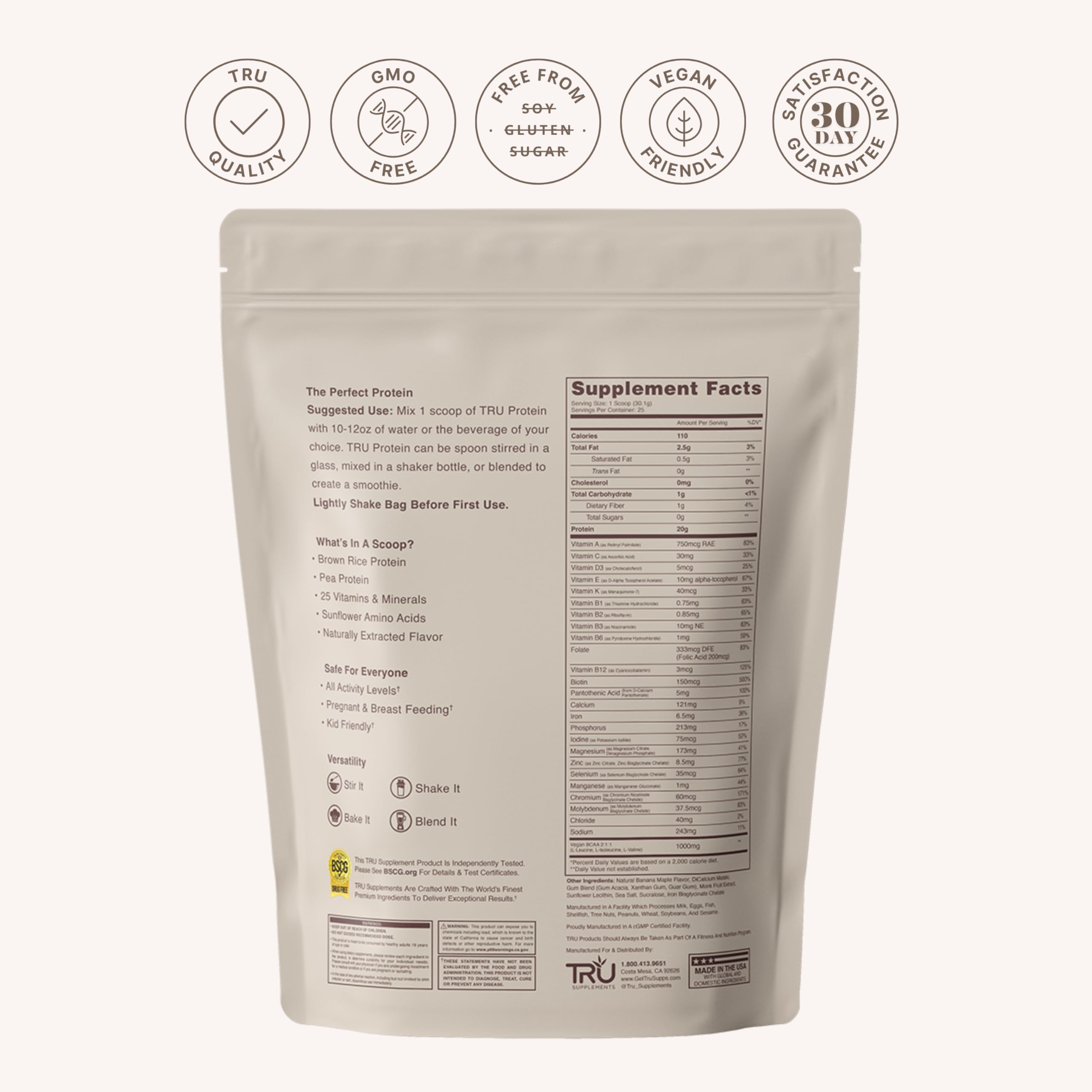 TRU Supplements Banana Maple Muffin nutrition panel shows 27 vitamins per serving.