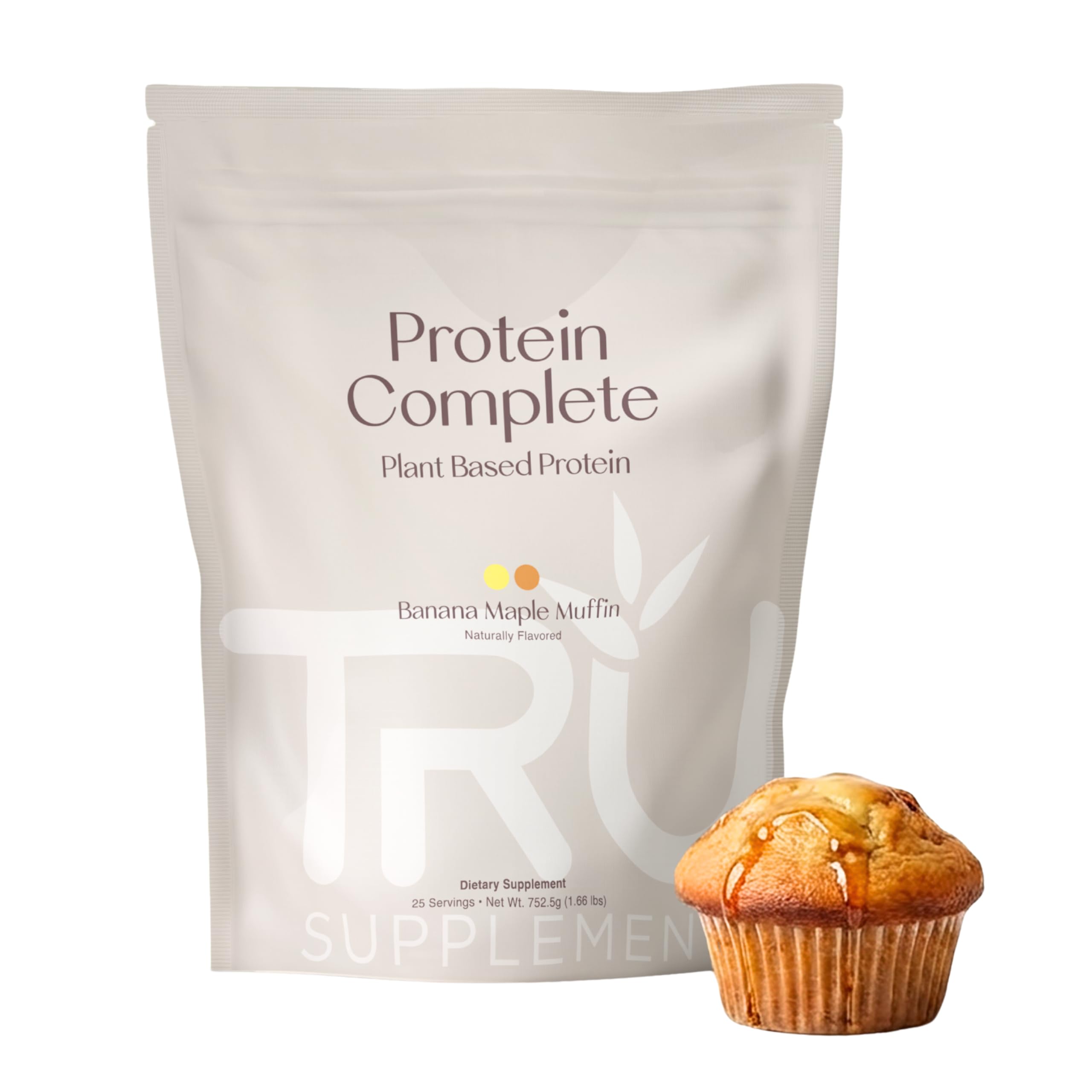 TRU Supplements Banana Maple Muffin powder tub with 20g vegan protein per serving.