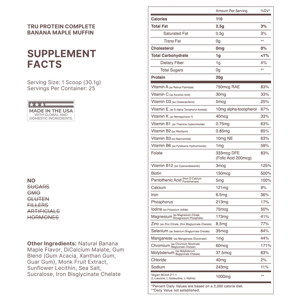 TRU Supplements Banana Maple Muffin protein scoop for easy, measured servings.