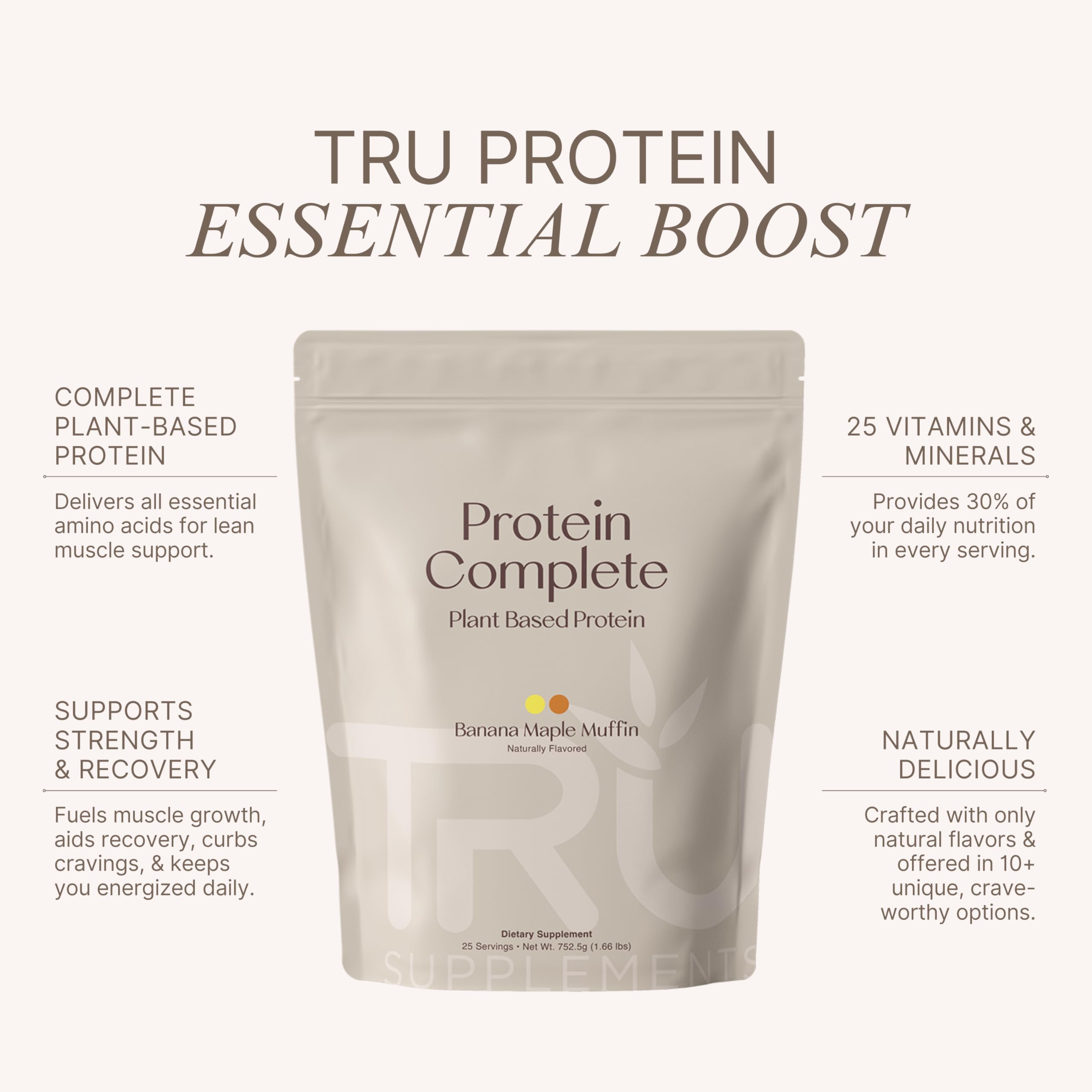 TRU Supplements Banana Maple Muffin shake glass for a creamy plant-based drink.