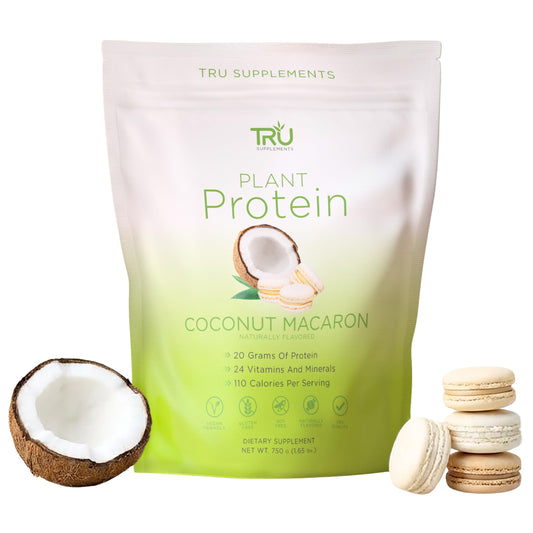 TRU Supplements coconut macaron plant-based protein powder tub supports post-workout recovery.