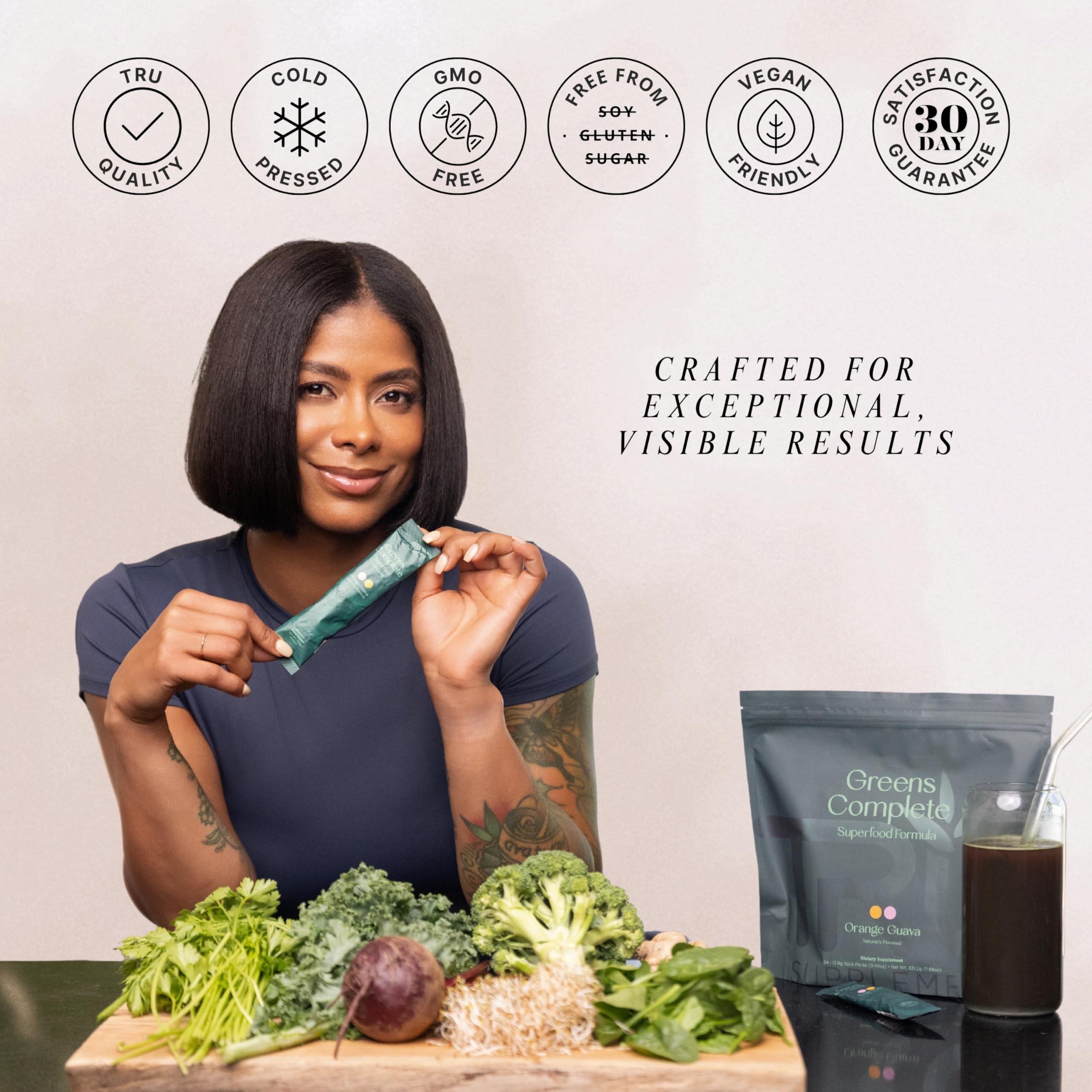 TRU Supplements Greens Complete close-up of greens and turmeric showcases plant-based nutrients