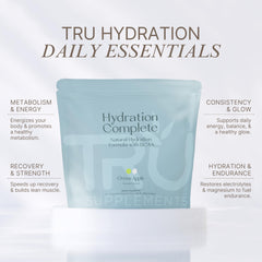 TRU Supplements Hydration Complete BCAA bottle pouring water for balanced electrolyte intake.
