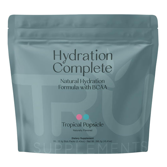 TRU Supplements Hydration Complete bottle pour supports quick electrolyte hydration during workouts