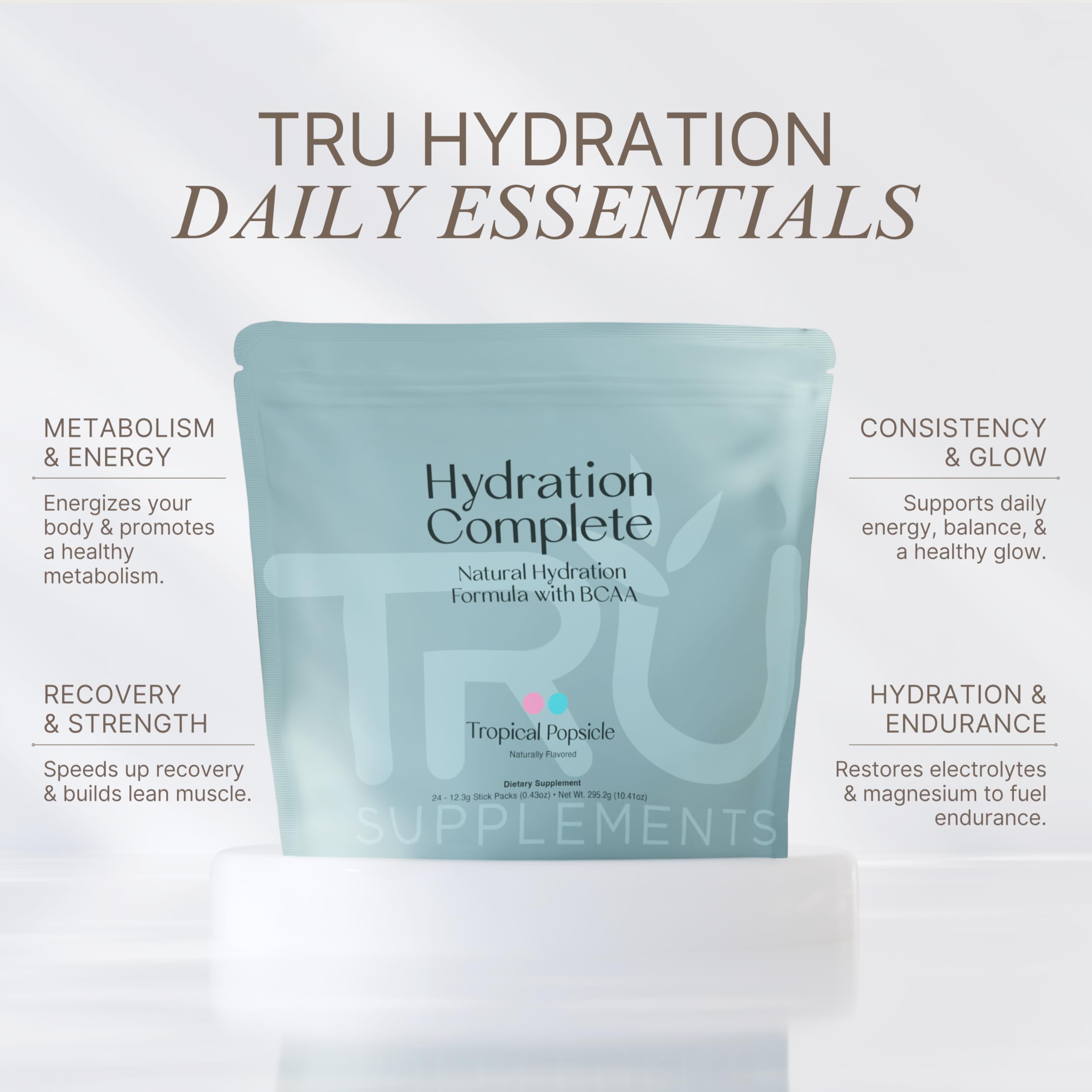 TRU Hydration Complete ingredients label emphasizes amino acids and electrolytes