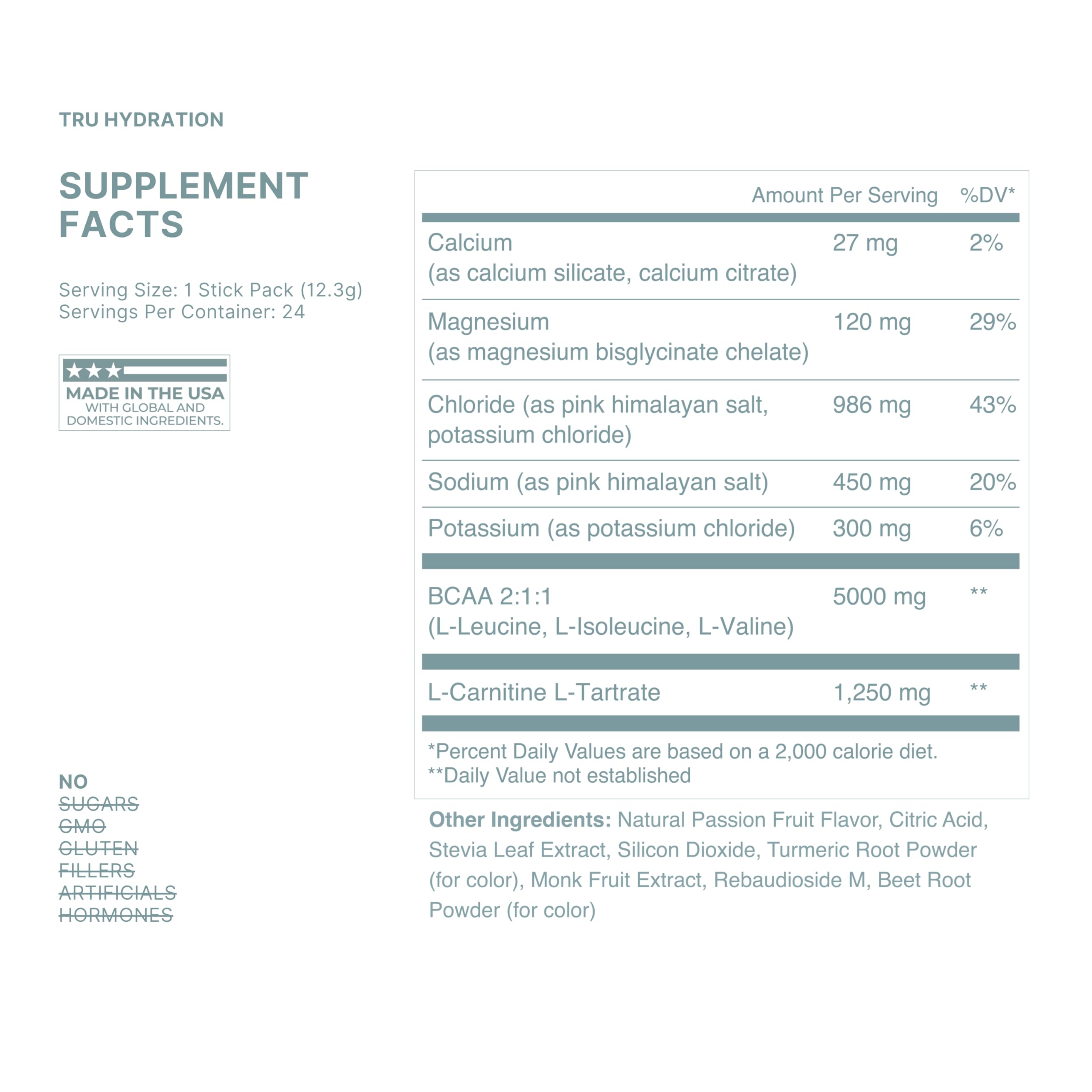 TRU Supplements Hydration Complete label closeup highlighting zero calories and plant-based ingredients.