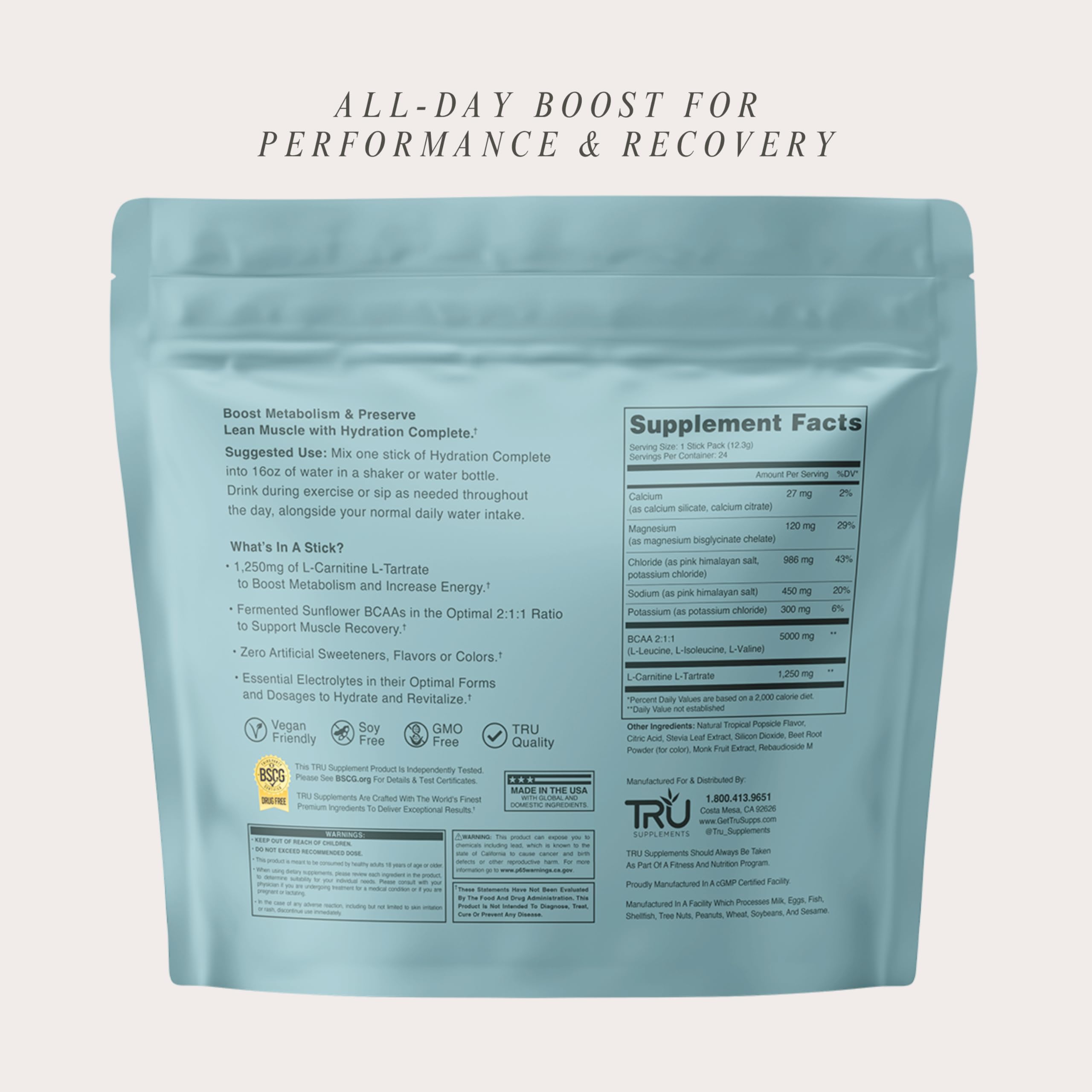 TRU Hydration Complete vegan formula branding emphasizes plant-based hydration