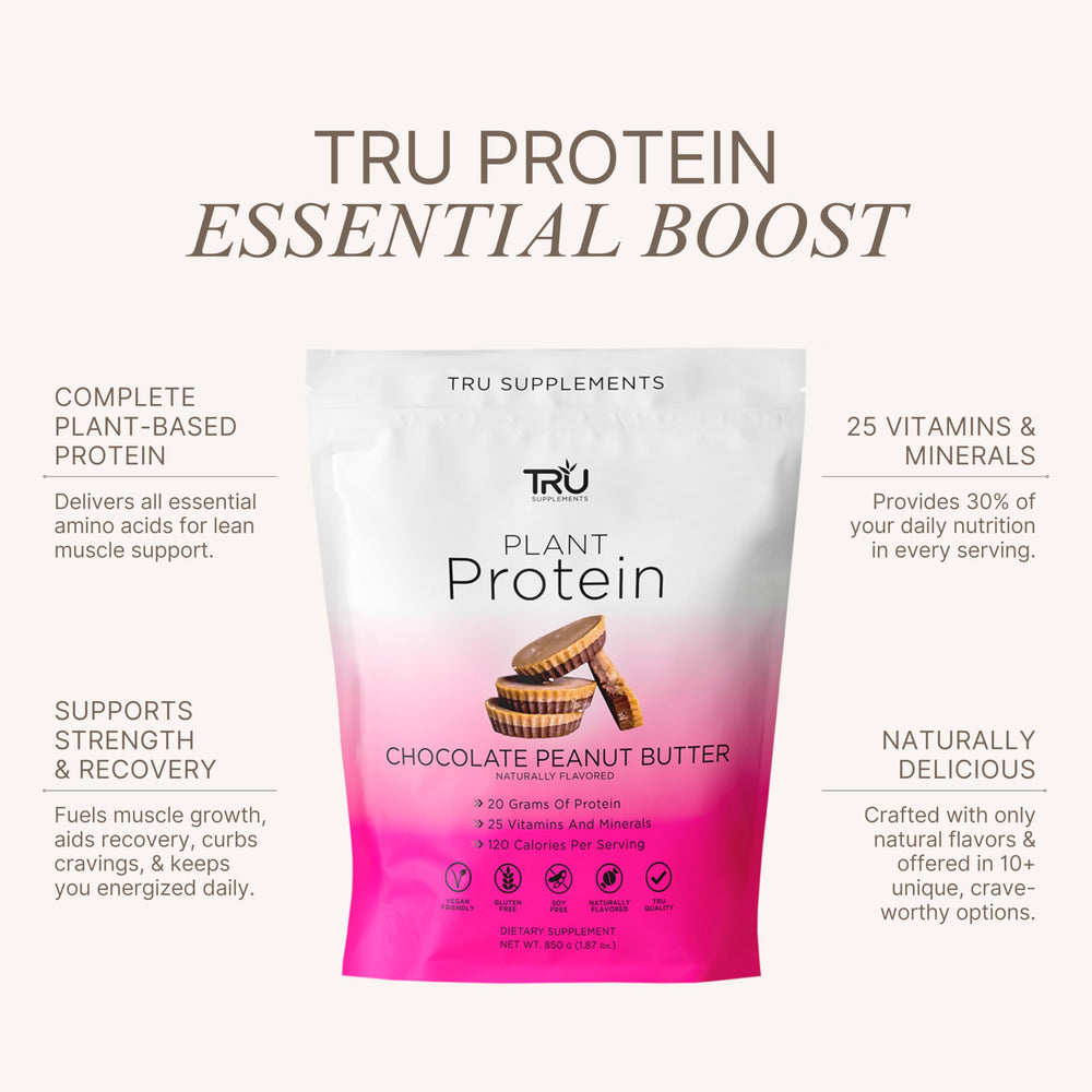TRU label on container reveals 27 vitamins and minerals for metabolism support
