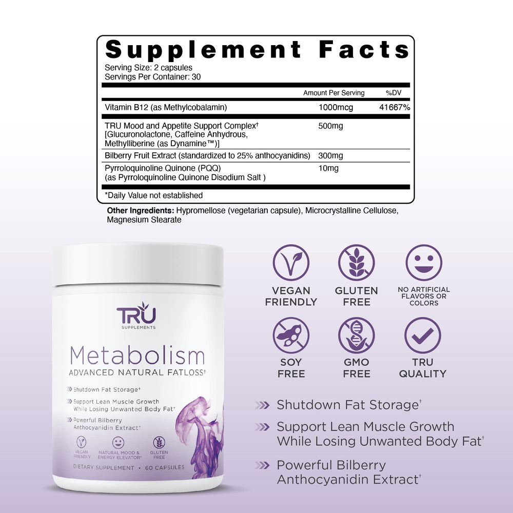 TRU Supplements Metabolism capsules close-up highlighting vegan-friendly capsules for easy routines