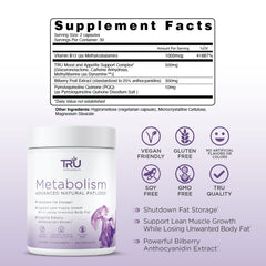 TRU Supplements Metabolism capsules close-up highlighting vegan-friendly capsules for easy routines