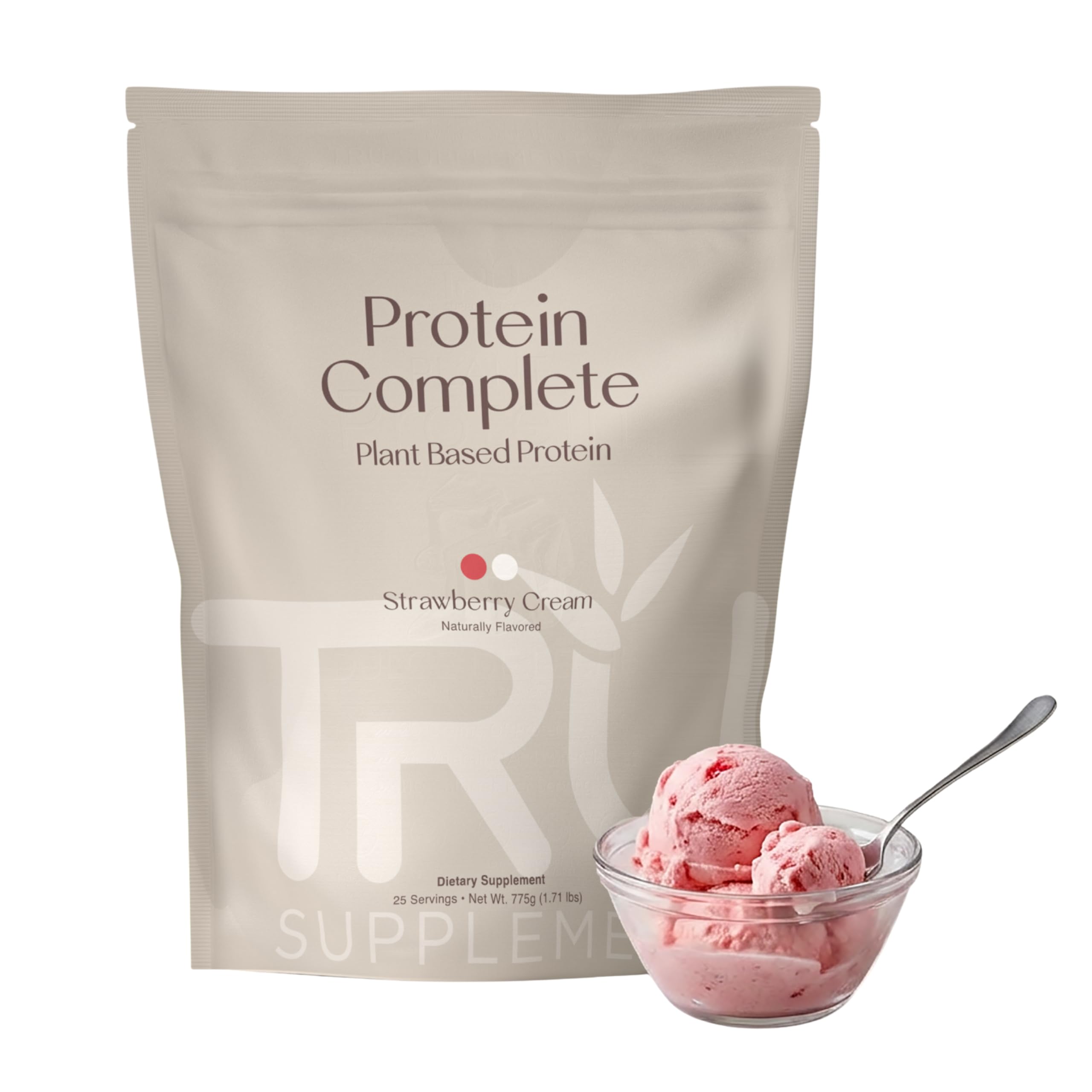 TRU Supplements plant-based protein powder Strawberry Cream jar, great for post-workout shakes