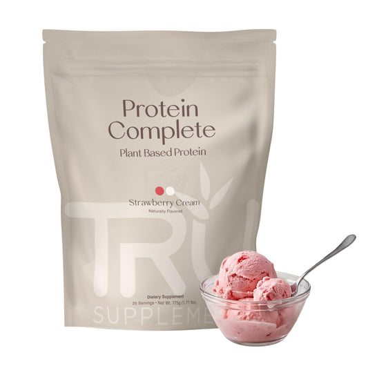 TRU Supplements plant-based protein powder Strawberry Cream jar, great for post-workout shakes