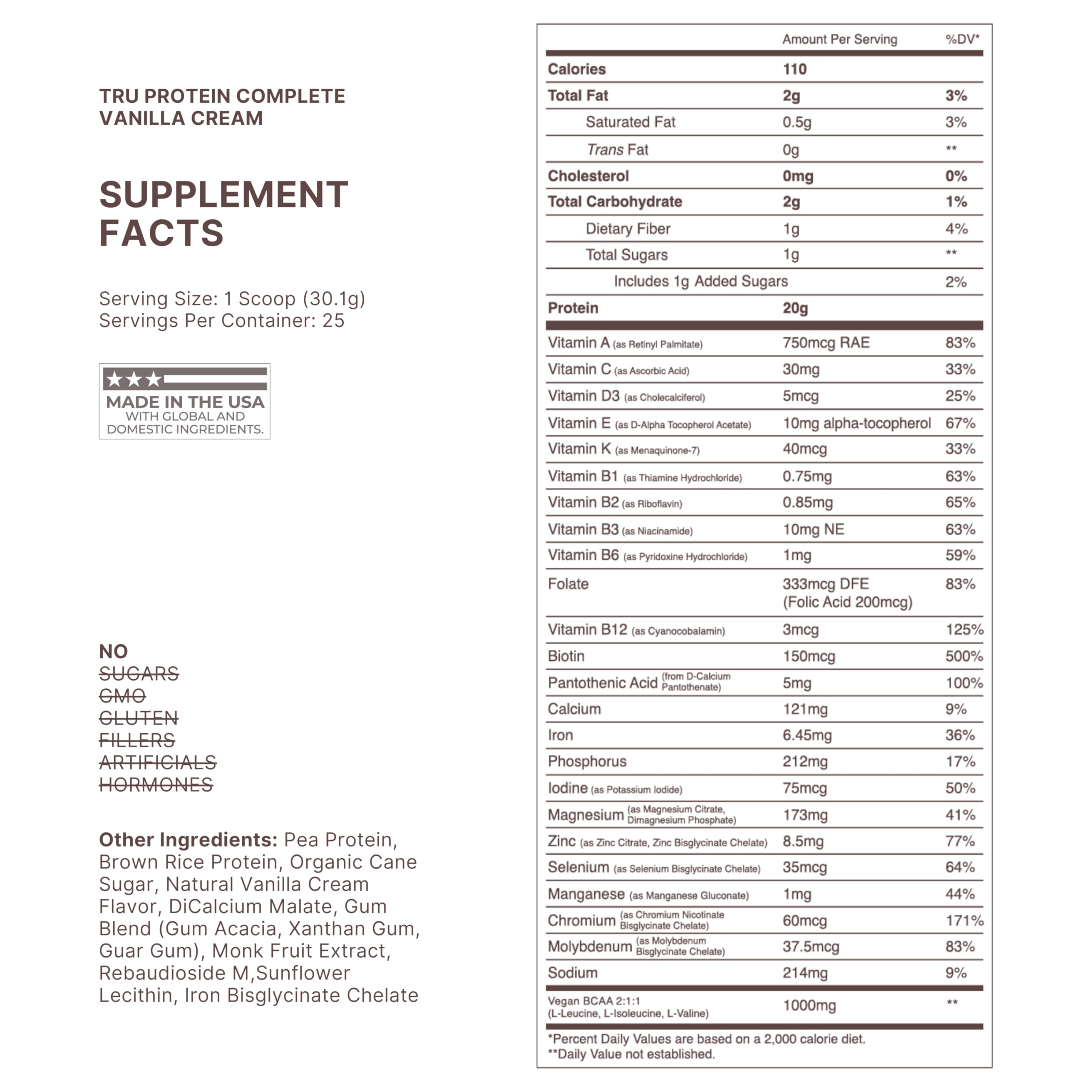 TRU Supplements Plant Based Protein Powder Vanilla Cream scoop beside tub, convenient after workouts.