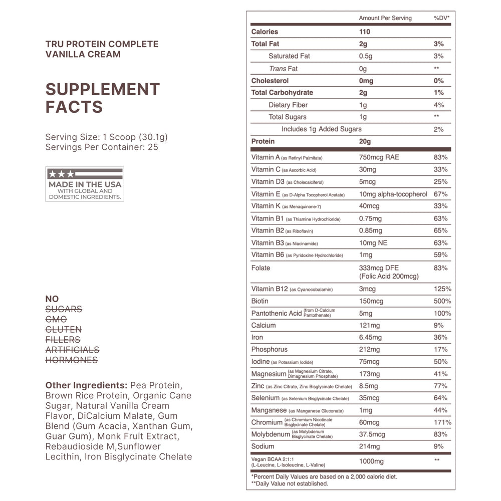 TRU Supplements Plant Based Protein Powder Vanilla Cream scoop beside tub, convenient after workouts.