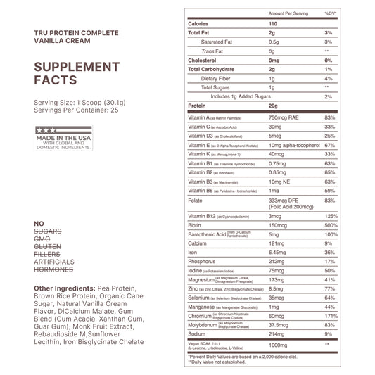 TRU Supplements Plant Based Protein Powder Vanilla Cream scoop beside tub, convenient after workouts.