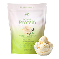 TRU Supplements Plant Based Protein Powder Vanilla Cream tub front, high-protein nutrition for workouts.