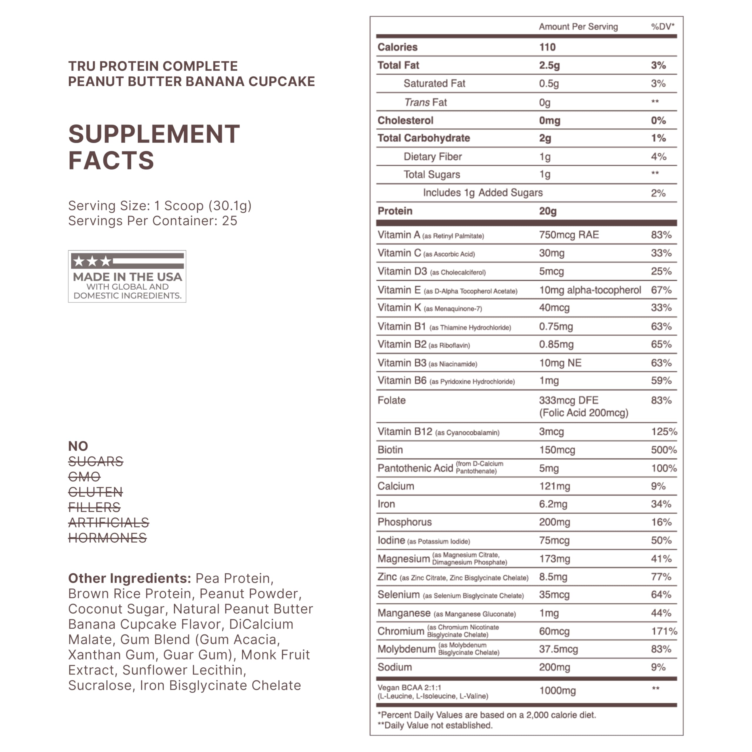 TRU Supplements protein bottle back reveals ingredients and nutrition details