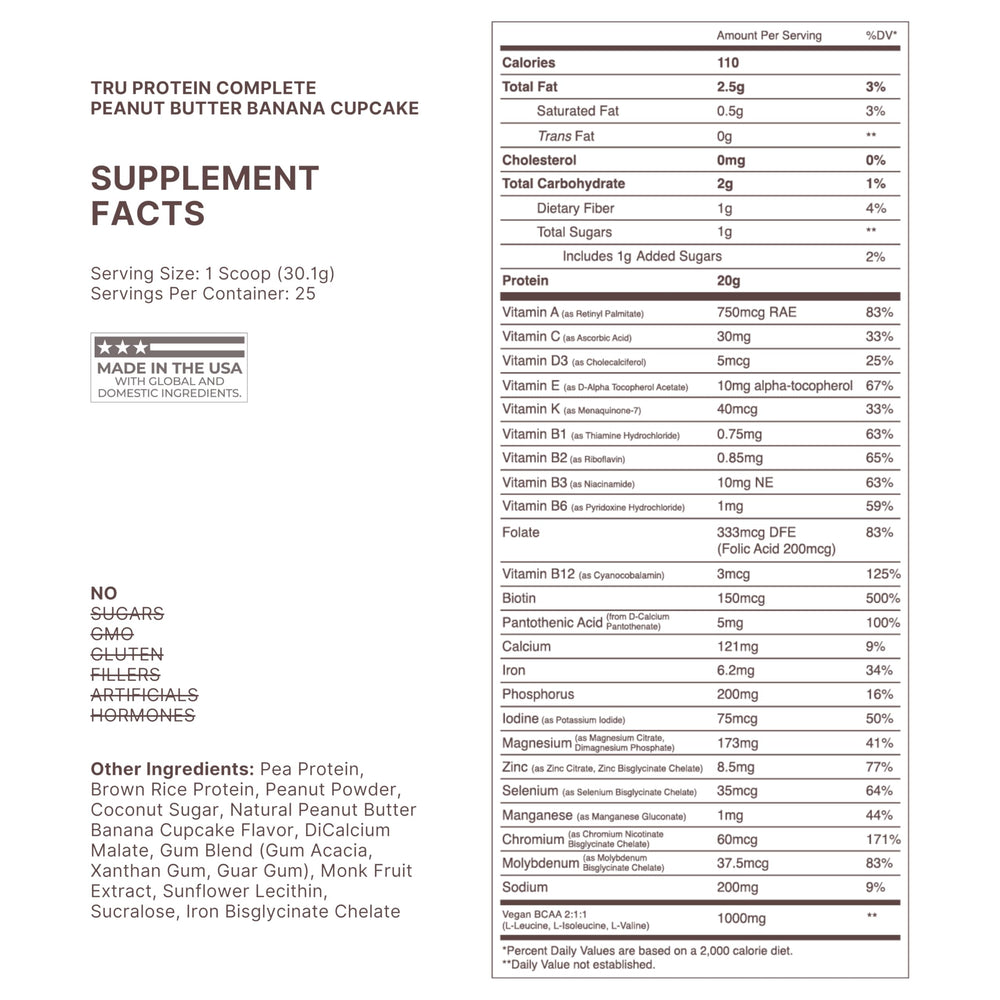 TRU Supplements protein bottle back reveals ingredients and nutrition details