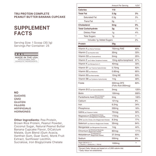 TRU Supplements protein bottle back reveals ingredients and nutrition details