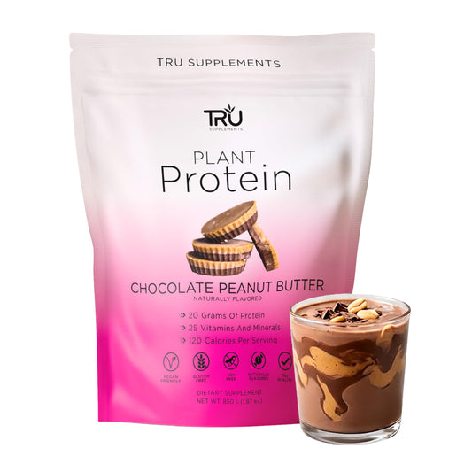TRU Supplements plant-based protein powder bottle in chocolate peanut butter flavor for post-workout shakes