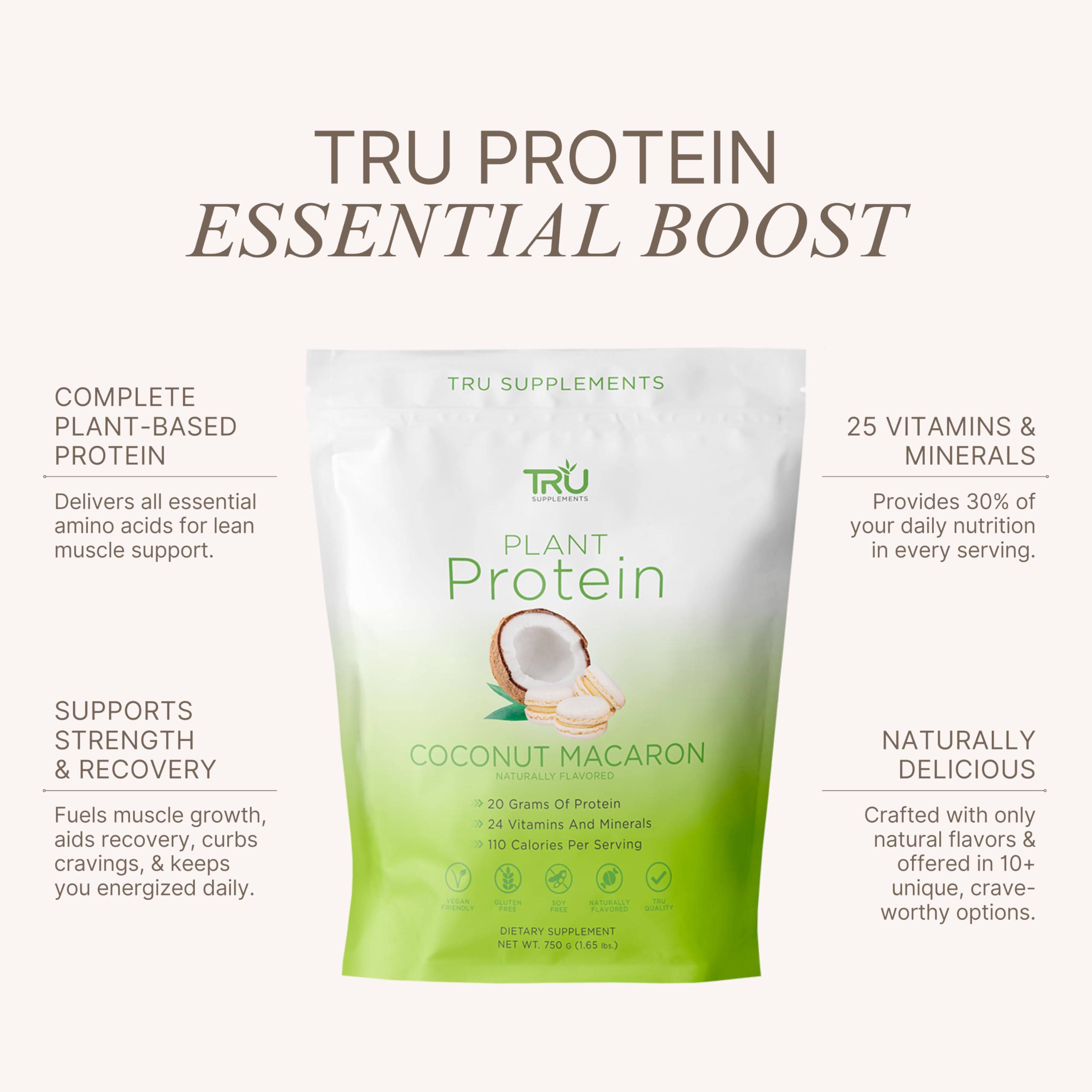 TRU Supplements vegan brown rice and pea protein blend provides balanced amino acids.