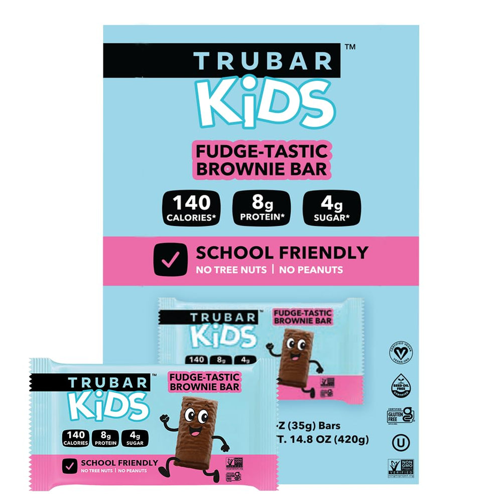 TRUBAR Kids Protein Bars Fudge-Tastic Brownie—gluten-free, school-friendly snack.