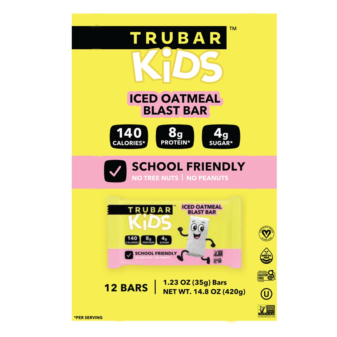 TRUBAR Kids Protein Bars Iced Oatmeal Blast unwrapped reveals bite-sized portions.