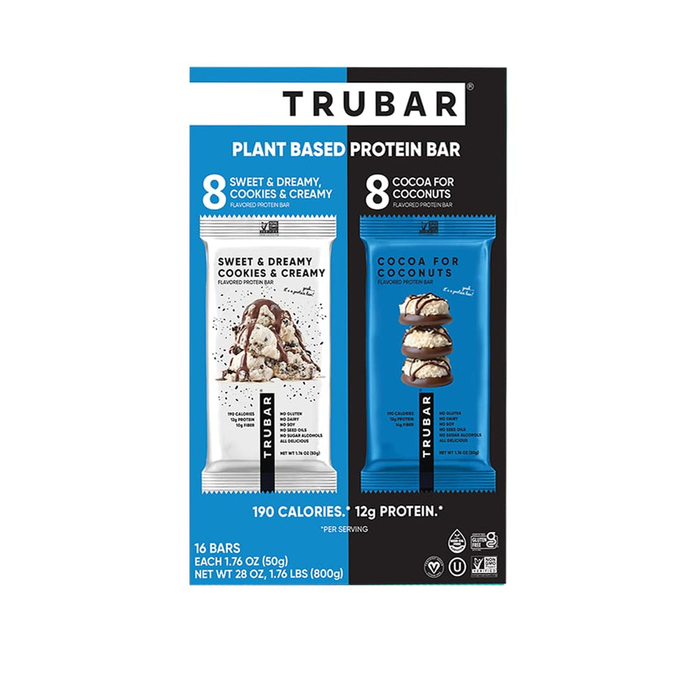 TRUBAR vegan protein bar cocoa coconuts – dairy-free, chocolatey snack with coconut texture.