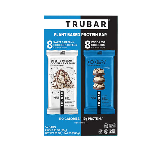 TRUBAR vegan protein bar cocoa coconuts – dairy-free, chocolatey snack with coconut texture.