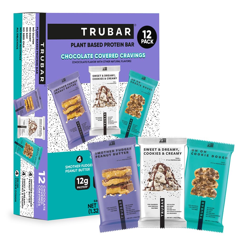 TRUBAR vegan protein bars chocolate-covered variety pack, rich cocoa flavor and plant-based protein.
