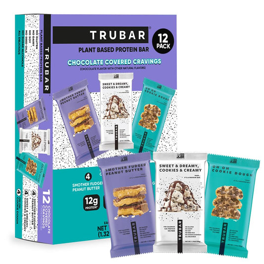 TRUBAR vegan protein bars chocolate-covered variety pack, rich cocoa flavor and plant-based protein.