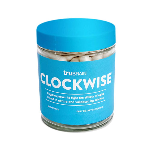 TruBrain Clockwise bottle front highlighting NAD boost for daily energy.