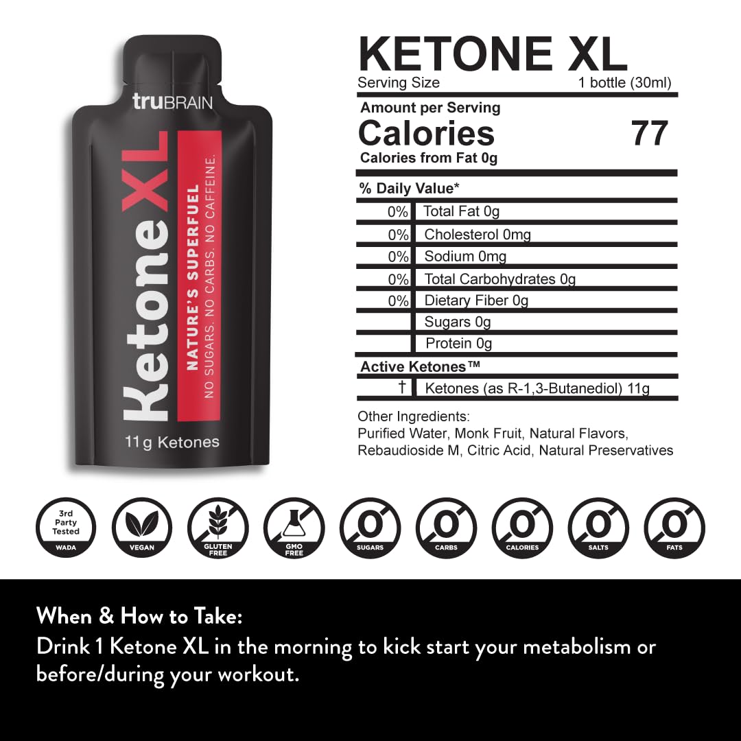 TruBrain Ketone XL shot label highlights sugar and caffeine free formula