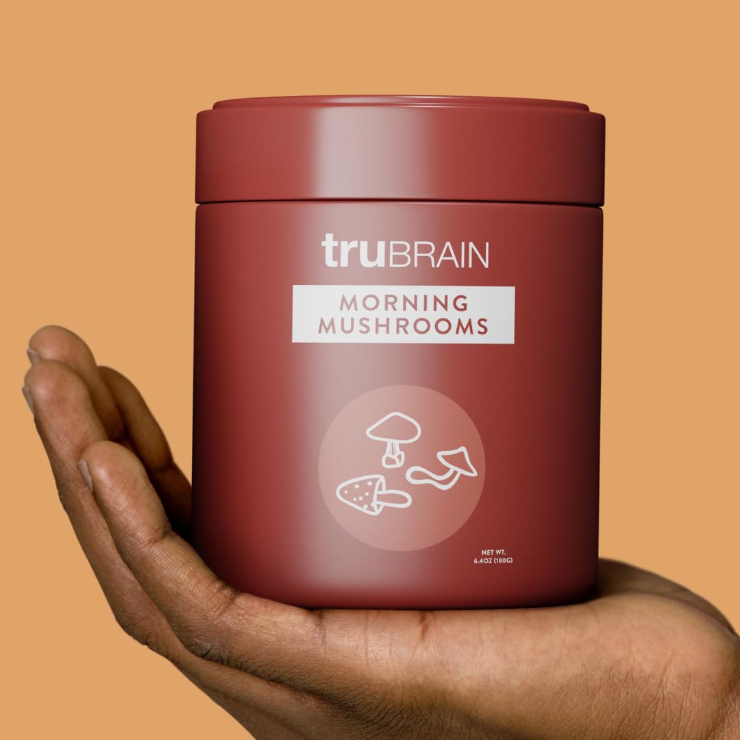TruBrain Morning Mushrooms cup in a bright morning routine setup for a focused start.