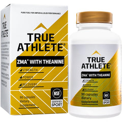 True Athlete ZMA + L-Theanine capsules bottle front highlights evening-friendly formula.