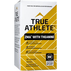 True Athlete ZMA + L-Theanine bottle packaging highlights gluten-free, dairy-free, soy-free formulation.