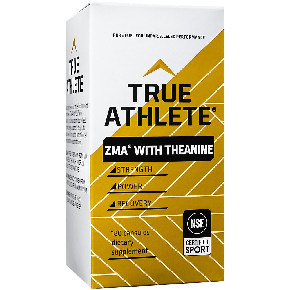 Glass bottle of True Athlete ZMA + L-Theanine ready for nightly use