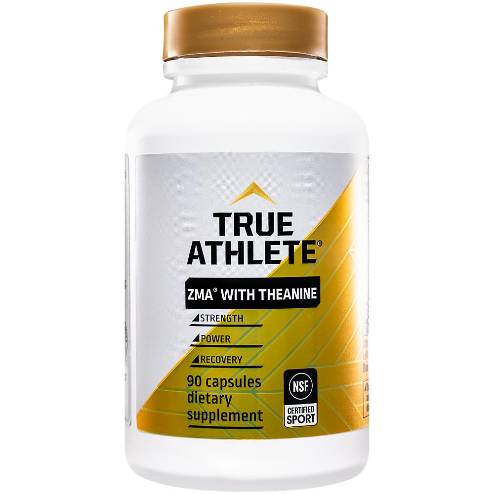 True Athlete ZMA + L-Theanine ingredients panel shows zinc, magnesium, and B6.