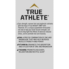 True Athlete ZMA + L-Theanine capsules on a table emphasize quick, travel-friendly supplementation.