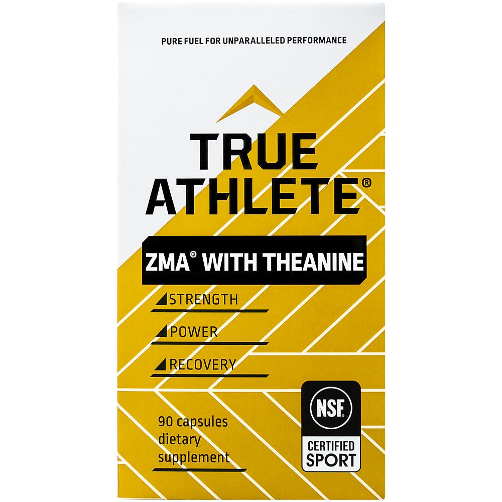 True Athlete ZMA + L-Theanine capsules with a glass and timer reflect post-workout wind-down use.
