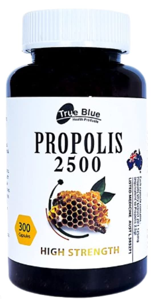 True Blue Propolis 2500 bottle label highlights premium strength and natural immune support.