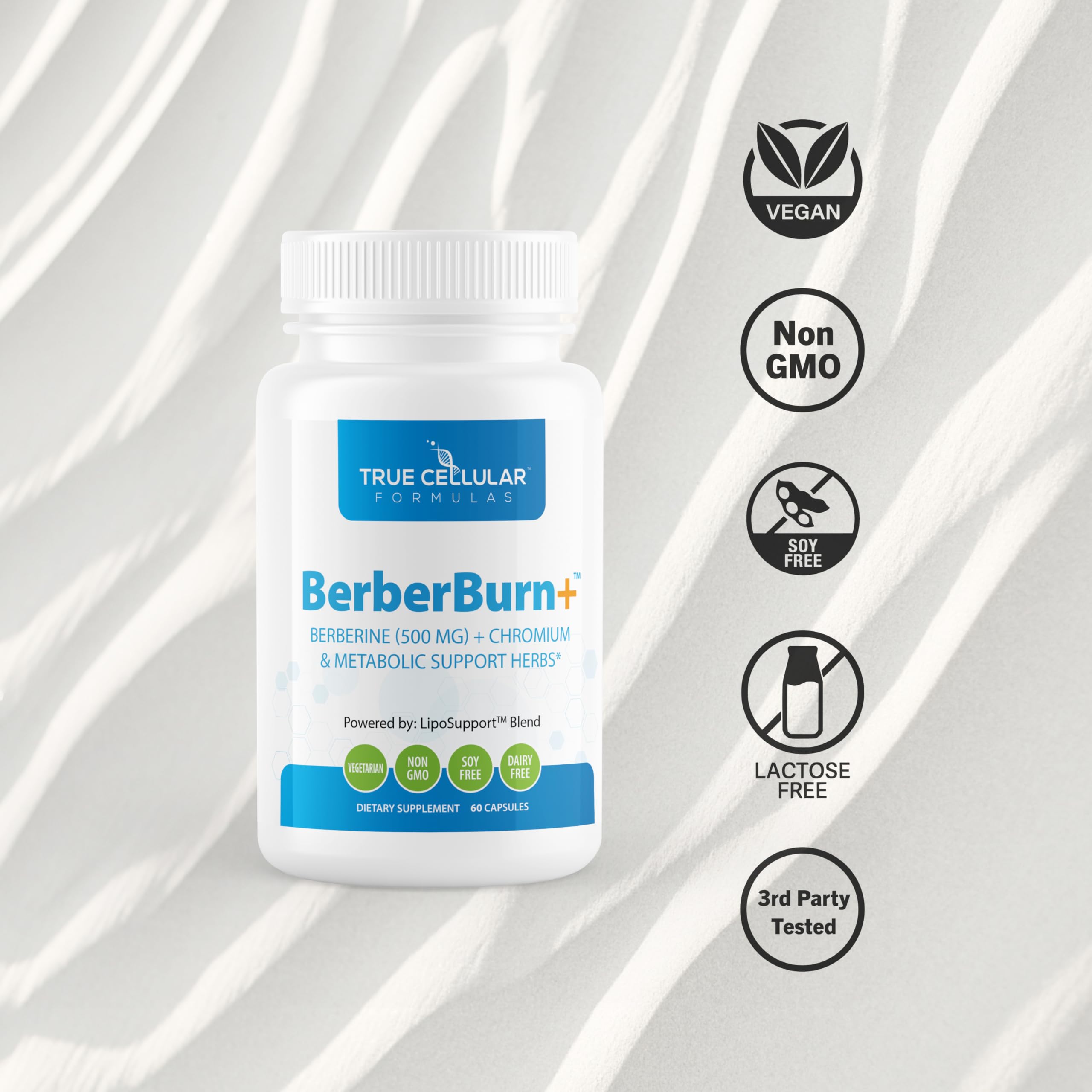 BerberBurn+ capsules closeup showing Berberine and magnesium for metabolism support.