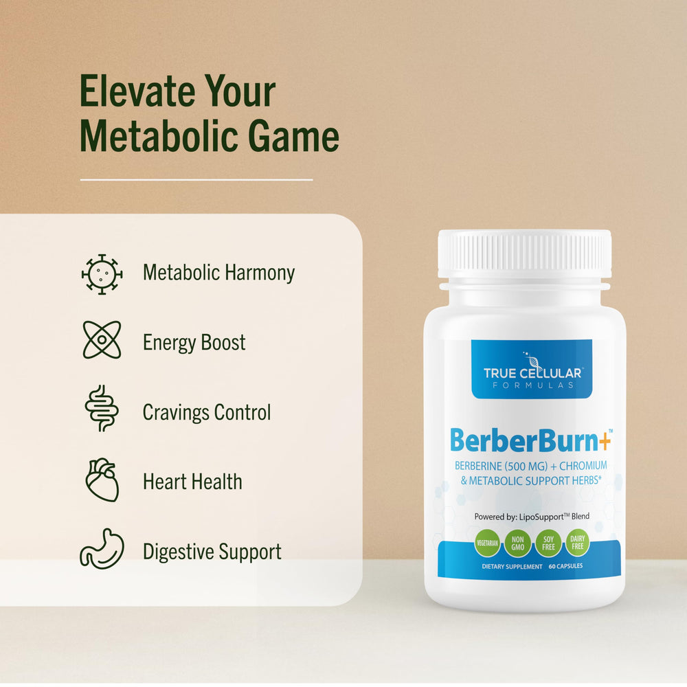 BerberBurn+ ingredients panel highlights Berberine HCl and chromium for macronutrient metabolism.
