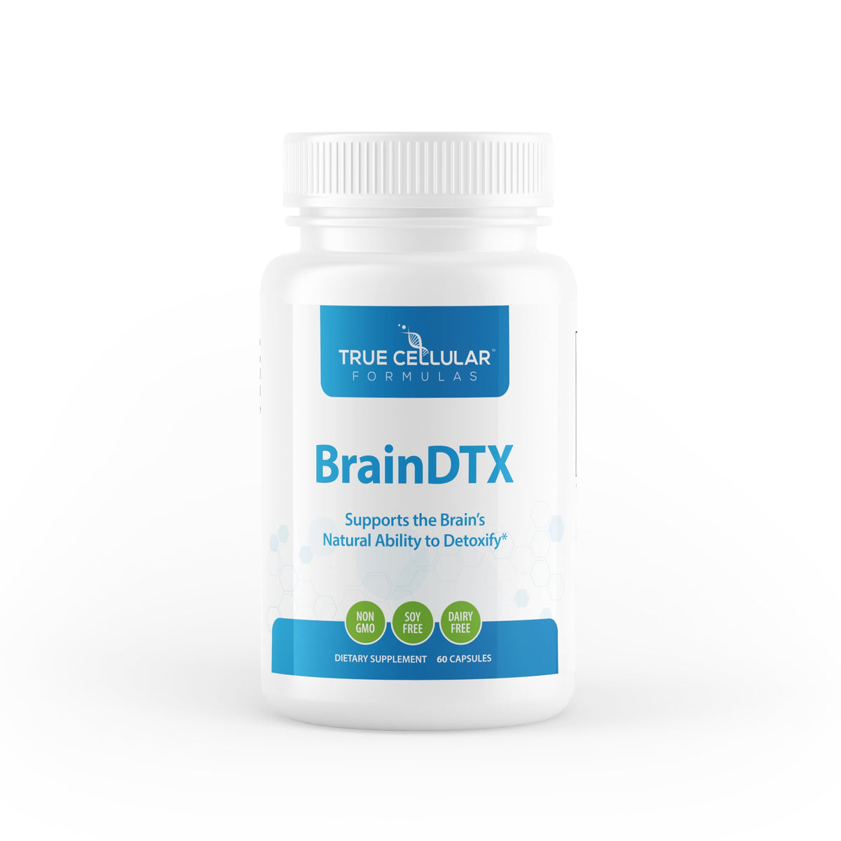 True Cellular Formulas BrainDTX bottle front highlighting cognitive support ingredients.