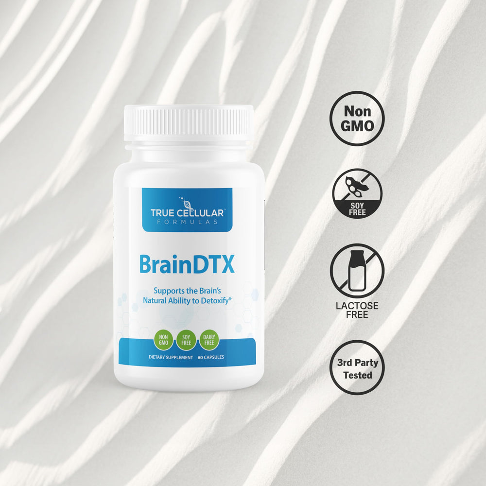 BrainDTX capsules close-up highlighting daily cognitive support and antioxidants.